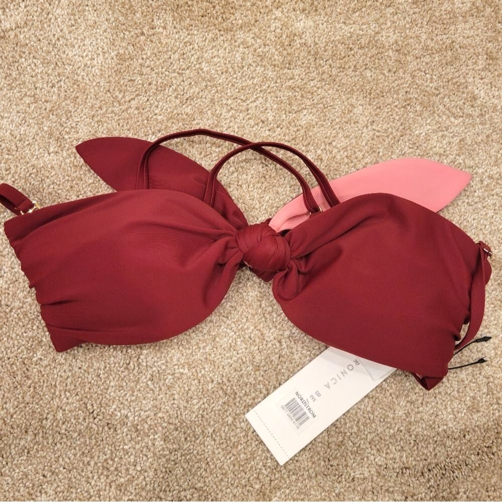 New Veronica Beard Tie-Front Bandeau Bikini Top Maroon Red Euro Summer Boho M - Picture 4 of 7